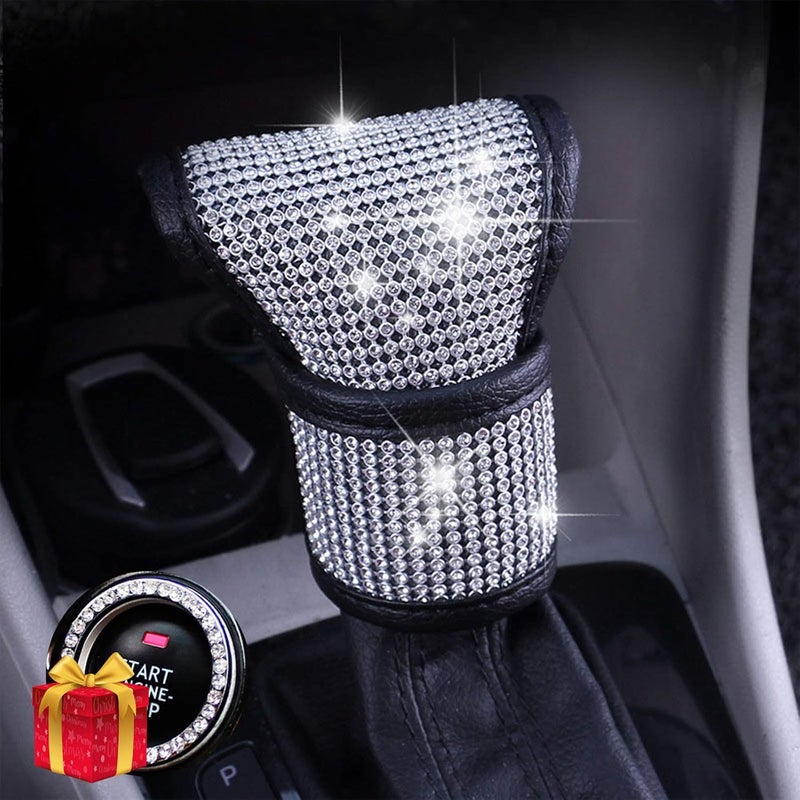 SPANICE Bling Bling Auto Shift Gear Cover, Leather Auto Gear Shift Knob Cover with Crystal Glitter Bling Rhinestones for Girls,Lady Universal Fit (White) - Image 1